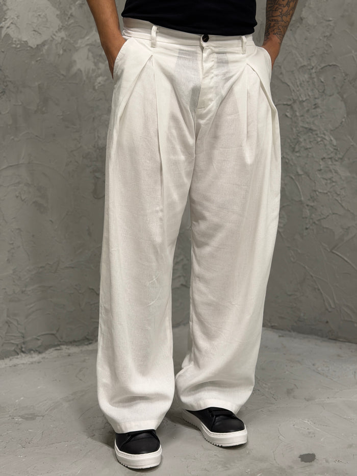 Pantalone VALENCIA doppia pinces in LINO bianco