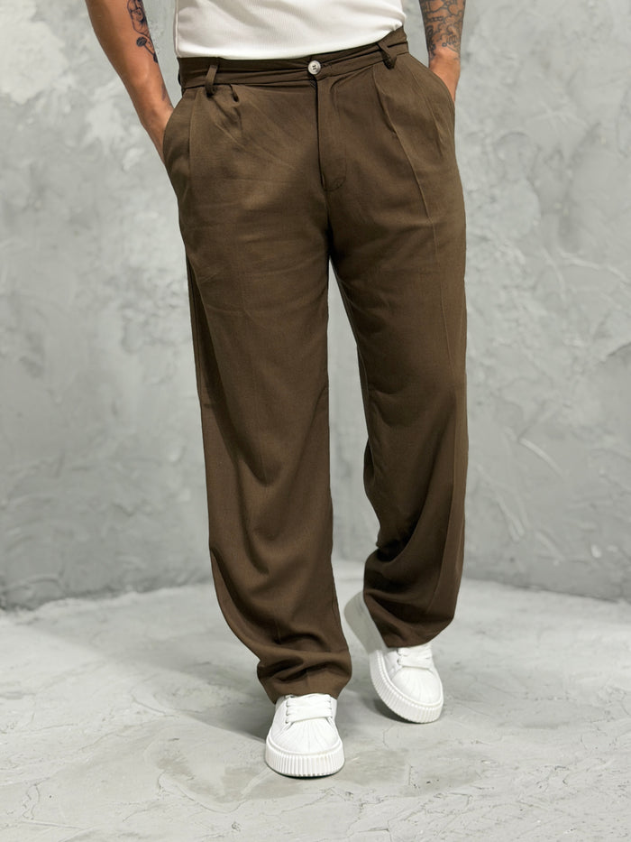 Pantalone CIPRO doppia pinces in LINO moro