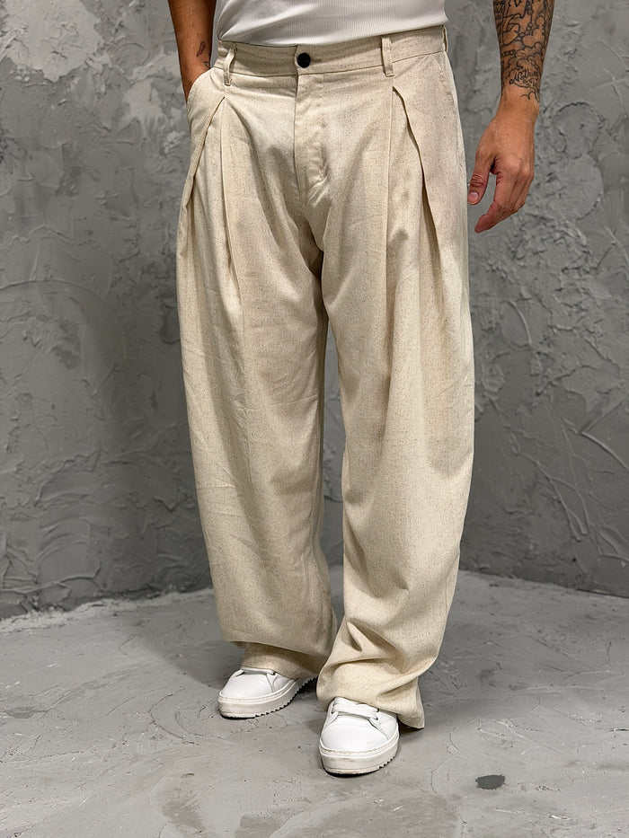 Pantalone VALENCIA doppia pinces in LINO beige