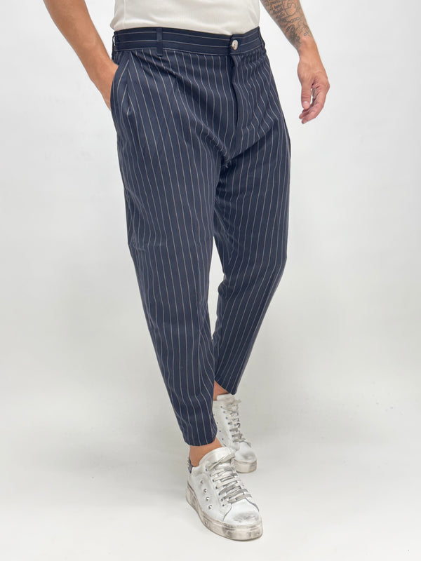 Pantalone MADRID con pinces gessato blu