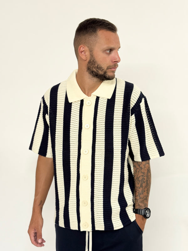 Cardigan J.W traforato manica corta a righe blu