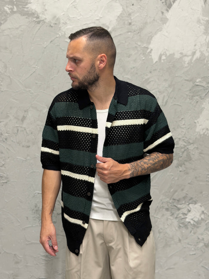 Camicia traforata manica corta bande nero