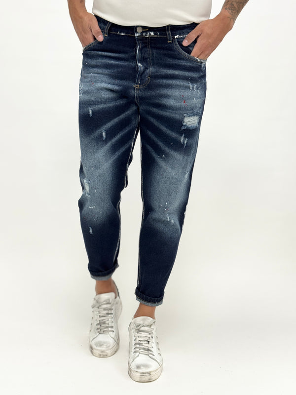 Jeans carrot fit scuro DSQ slavato schizzetti