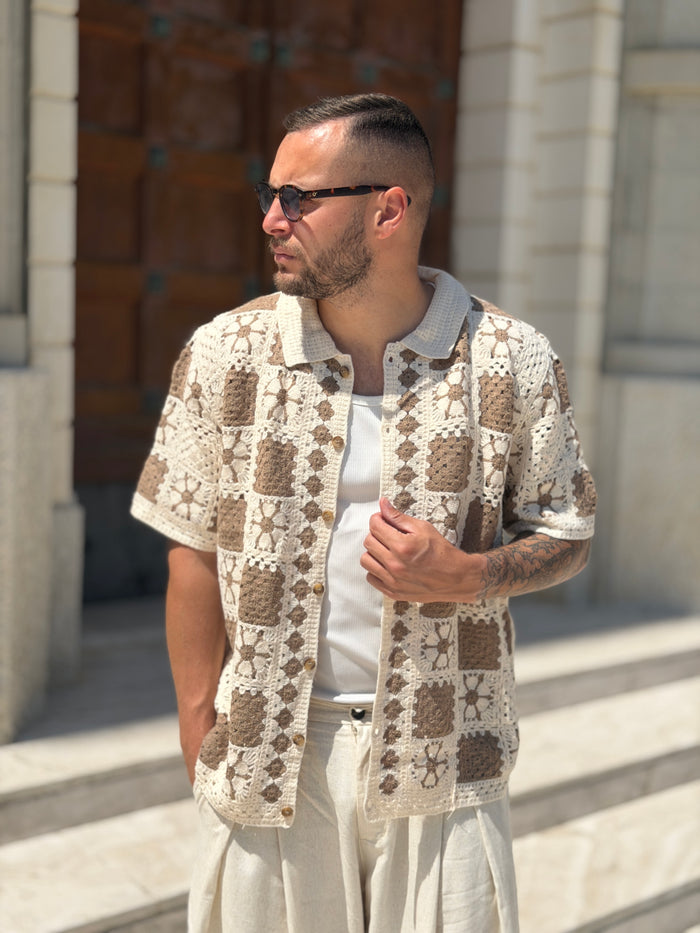 Camicia traforata manica corta trama beige