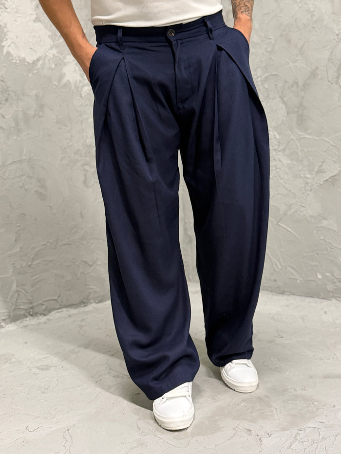 Pantalone VALENCIA doppia pinces in LINO blu