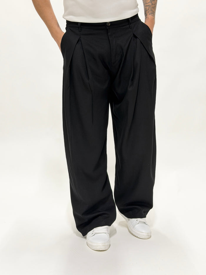 Pantalone VALENCIA doppia pinces in LINO nero